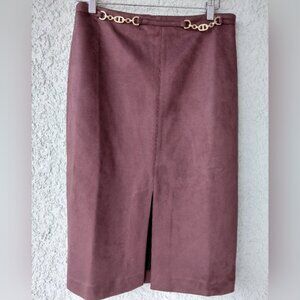 Ann Taylor Brown Faux Suede Pencil Skirt with Gold Chain